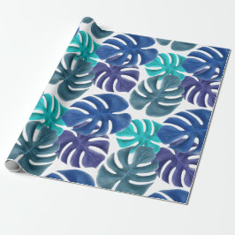 Papel De Presente Trendy Tropical Royal Blue & Aqua Monstera Folhas