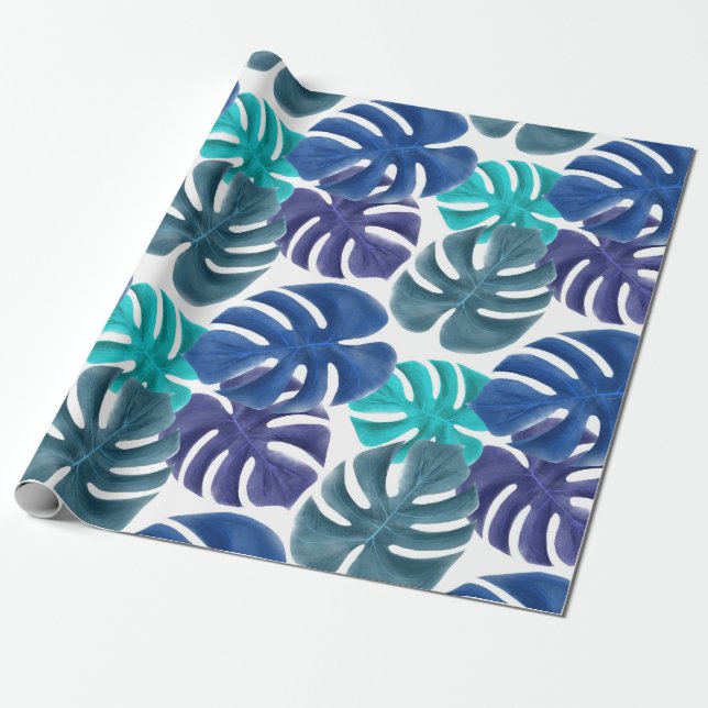 Papel De Presente Trendy Tropical Royal Blue & Aqua Monstera Folhas (Desenrolado)