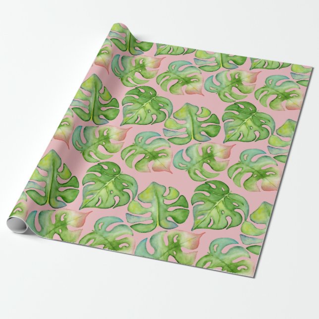 Papel De Presente Trendy Tropicana Watercolor Monstera & Palm Leaves (Desenrolado)