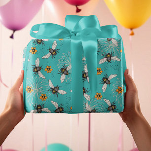 Papel De Presente Trendy Turquoise Buzzing Primavera e Summer Honeyb