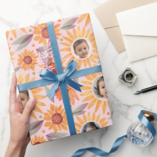 Papel De Presente Trendy Yellow Sunflower Blush Pink 3 Foto