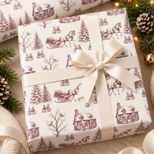 Papel De Presente Trenó de Cavalos de Natal em Toile de Borgonha Vin
