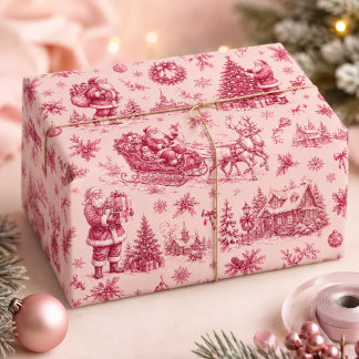 Papel De Presente Trenó de Natal Rosa Vintage do Papai Noel Toile de