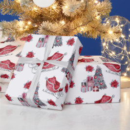 Papel De Presente Trenó Vermelho Aguarela, Árvore de Natal, Presente