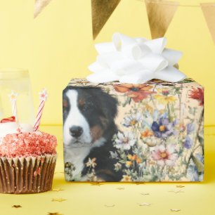 Papel De Presente Três Cães em Flores Silvestres Sem Costura 