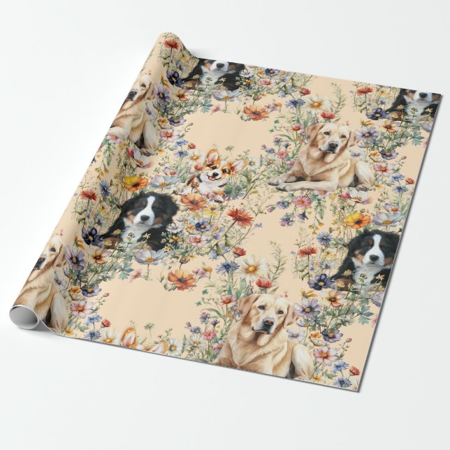Papel De Presente Três Cães em Flores Silvestres Sem Costura  (Desenrolado)