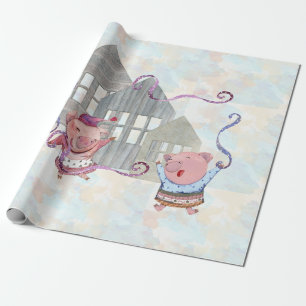Papel De Presente Três Pequenos Porcos com suas Casas