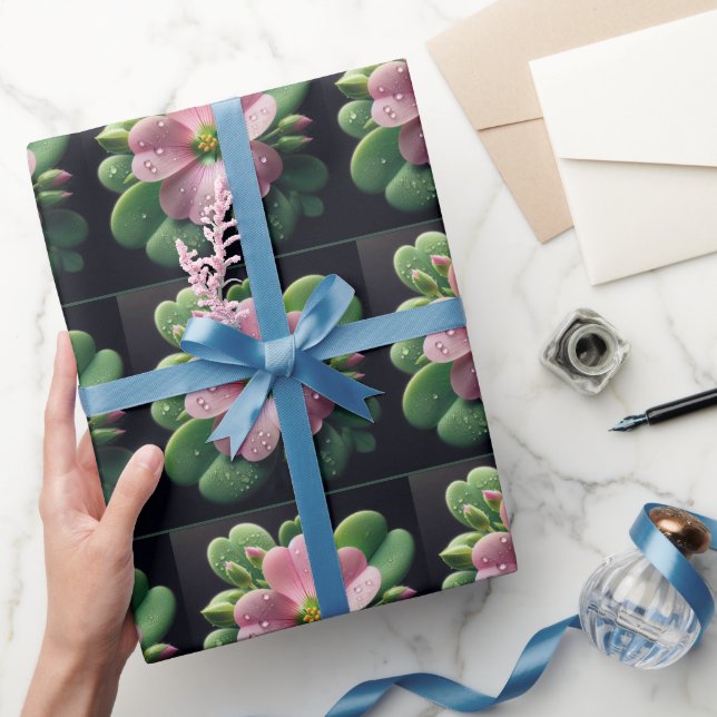 Papel De Presente Trevo Floral Rosa e Verde Oxalis (Presentear)