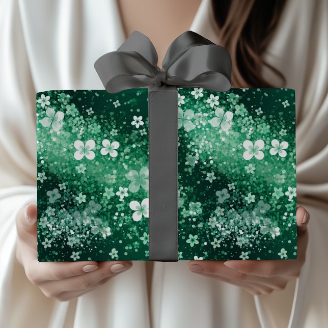 Papel De Presente Trevos Brancos e Verdes Chic com Pontos em Verde E (Criador carregado)