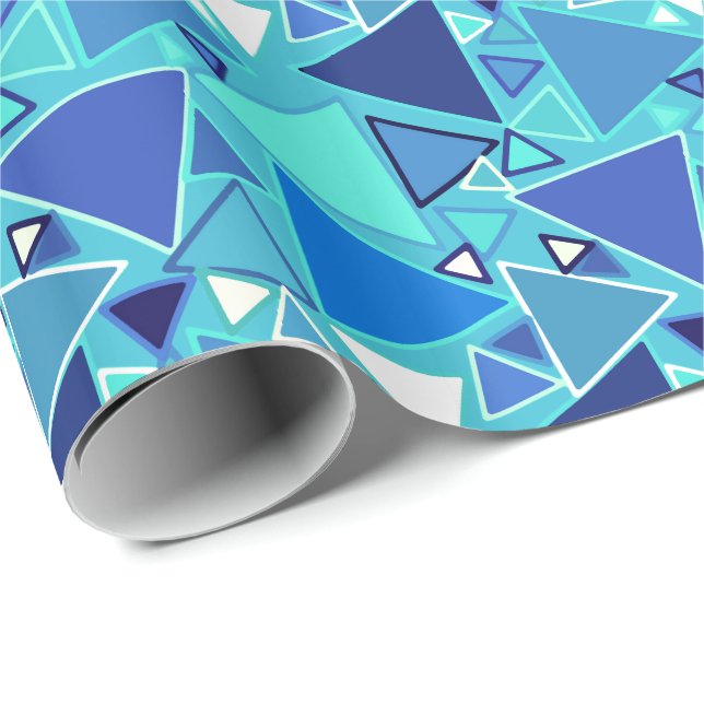Papel De Presente Triângulos Modernos do Século médio, tons de azul (Ponta do rolo)