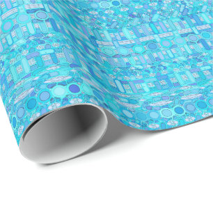 Papel De Presente Tribal Batik - tons de azul-turquesa