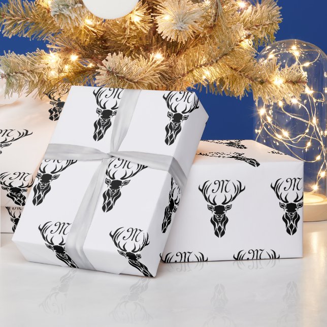 Papel De Presente Tribal Black Stag Silhout Monograma (Feriados)