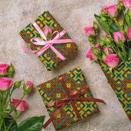 Papel De Presente Tribal Geométrico Azul Amarelo Amarelo Azul legal