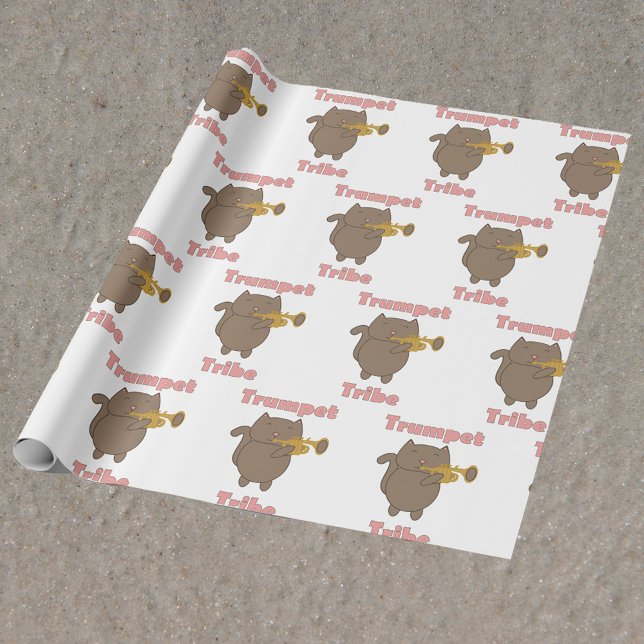 Papel De Presente Tribo da Trombeta Gato Marrom Rosa (Wrapping paper with a pattern featuring a cat playing the trumpet and the text trumpet tribe.)