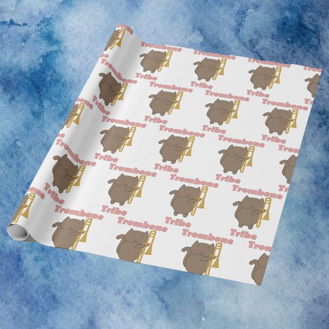 Papel De Presente Tribo do Trombone Gatinho Fofinho Rosa (Wrapping paper with a pattern of brown cats with trombones & the words trombone tribe in pink.)