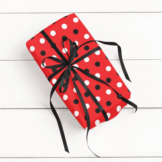 Papel De Presente Tricolor Vermelho Preto e Branco Bolinhas (Red Black and White Tricolor Polka Dot Wrapping Paper)