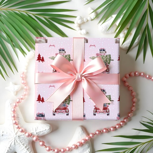 Papel De Presente Trilha de Natal Trilha Vermelha Chic (Christmas Road Trip Chic Red Retro Watercolor Wrapping Paper)