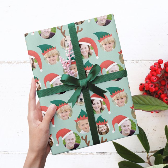 Papel De Presente Tripulação de Natal Personalizada com Seis Fotogra (six of your photos get festive with reindeer antlers, Santa and elf hats on a mint green background)