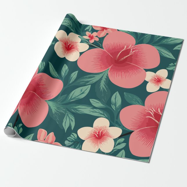 Papel De Presente Tropical com Red e Cream Hibiscus (Desenrolado)