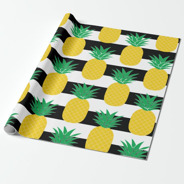 Papel De Presente Tropical de Ananás-branco-preto (Desenrolado)