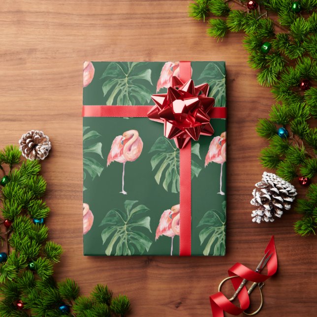 Papel De Presente Tropical Flamingo & Monstera Leaf Greenery Gift (Presente de Natal)