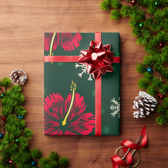 Papel De Presente Tropical Floral Hibiscus Snowflakes Natal | (Presente de Natal)