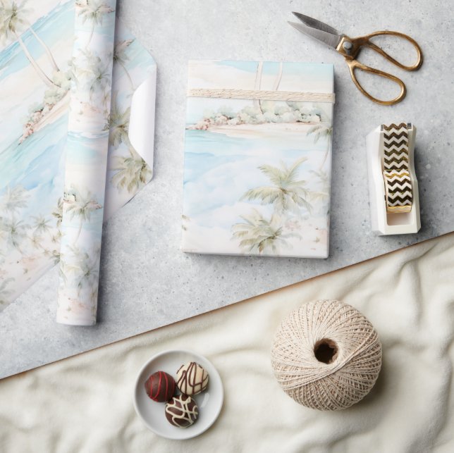 Papel De Presente Tropical Island Palm Trees Beach  (Artesanato)