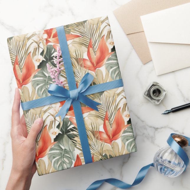 Papel De Presente Tropical Orange Anthurium Floral Chá de panela (Presentear)