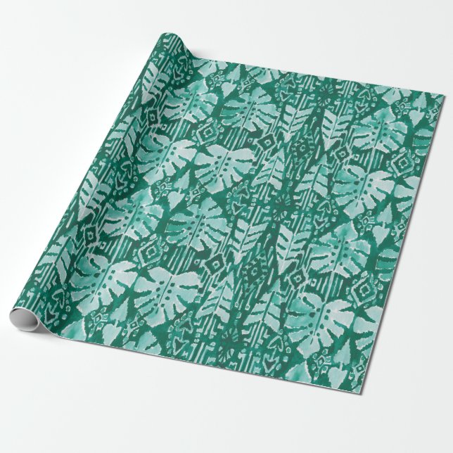 Papel De Presente Tropical tribal verde havaiano da SELVA IKAT (Desenrolado)