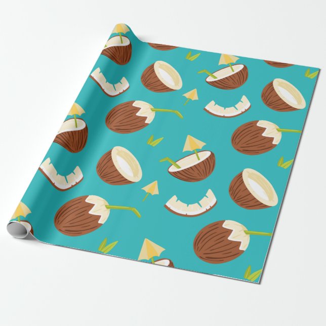 Papel De Presente Tropical Turquesa de Coco Padrão Cute Summer (Desenrolado)