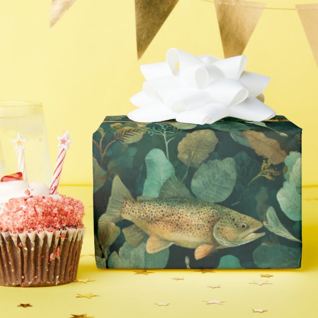 Papel De Presente Truta Marrom Teal Subaquática Botânica (Festa de aniversário)