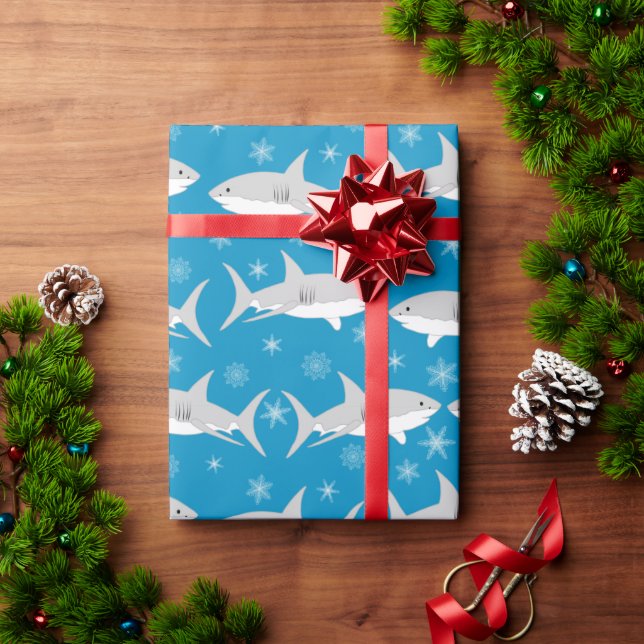 Papel De Presente Tubarão Azul e Design de Natal com Floco de Neve (Presente de Natal)