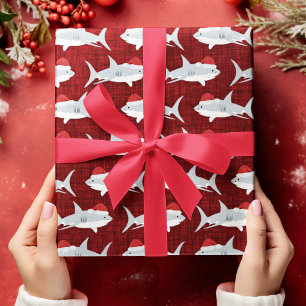 Papel De Presente Tubarão Vermelho Festivo Arte Santa Hat