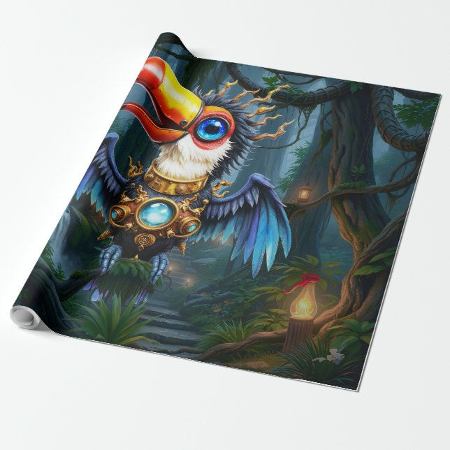 Papel De Presente Tucano Steampunk ao Luar.  (Desenrolado)