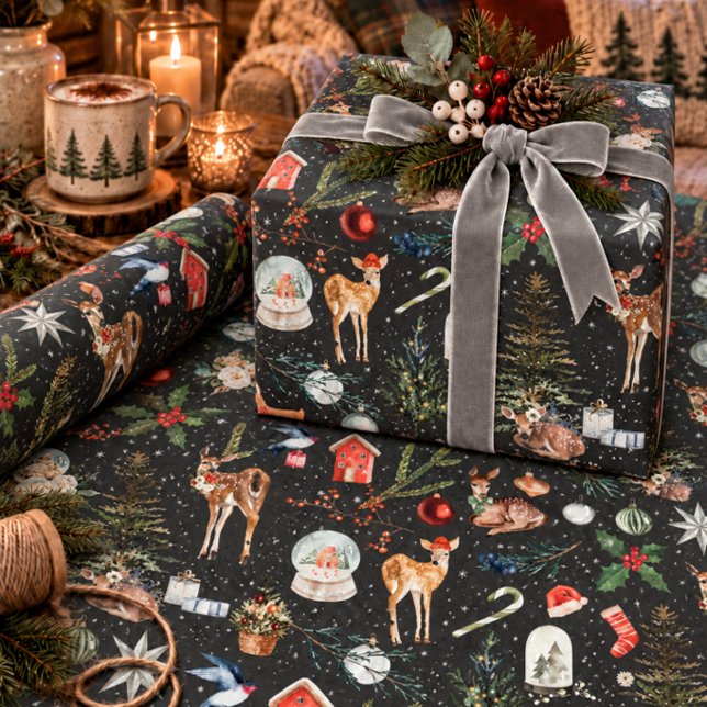 Papel De Presente Tudo Rena de Natal Azevinho Estrelas Preto (Criador carregado)