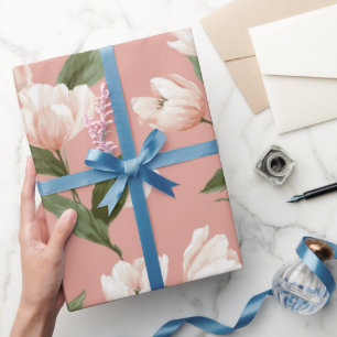 Papel De Presente Tulipa Rosa Suave Padrão Floral Branco