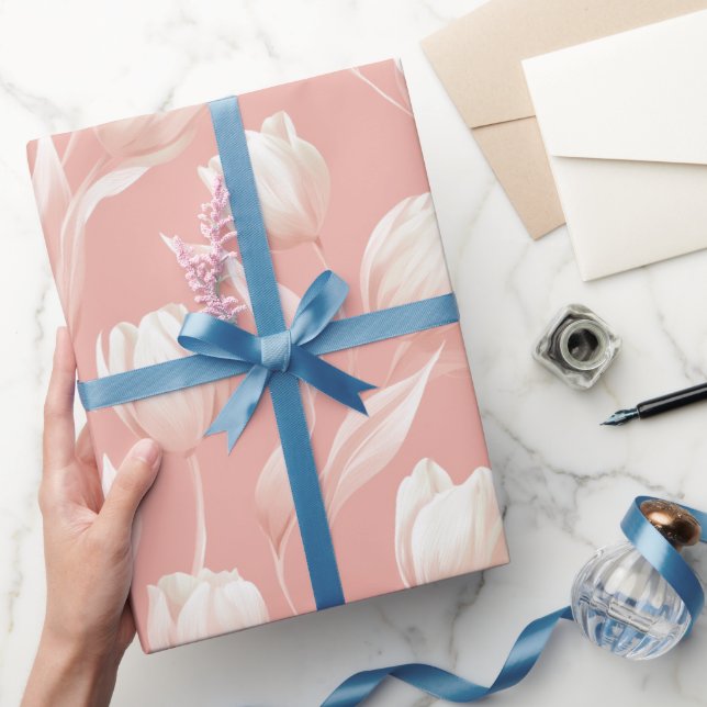 Papel De Presente Tulipa Rosa Suave Padrão Floral Branco (Presentear)