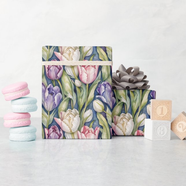 Papel De Presente Tulipas Clássicas Rosa, Roxo, Branco (Chá de bebê)