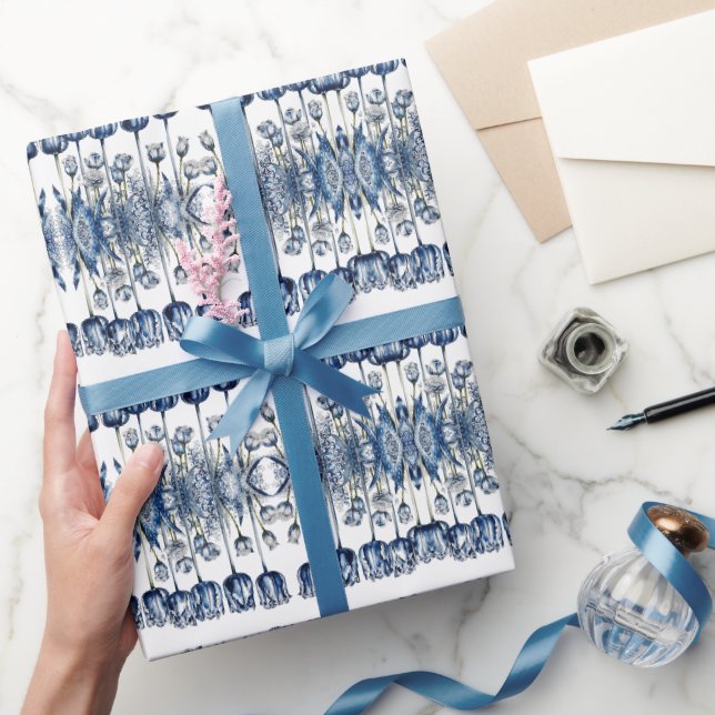 Papel De Presente Tulipas em Azul de Delft  (Presentear)