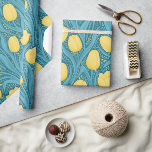 Papel De Presente Tulipas em azul e amarelo