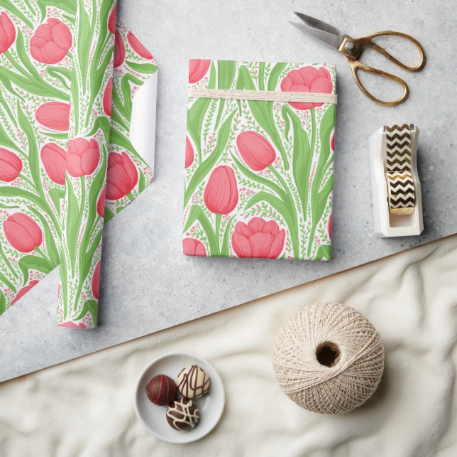 Papel De Presente Tulipas em vermelho e verde (Artesanato)