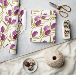 Papel De Presente Tulipas Púrpuras Quadradas Aquarela
