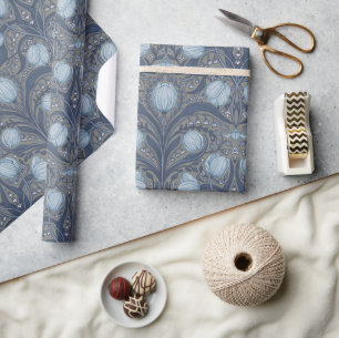 Papel De Presente Tulipas Retro Nouveau em azul e estanho