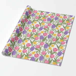 Papel De Presente Tulipas Rosa, Narcisos Amarelos, Jacintos Roxos