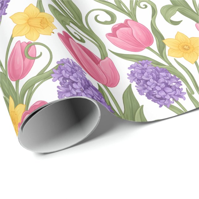 Papel De Presente Tulipas Rosa, Narcisos Amarelos, Jacintos Roxos (Ponta do rolo)
