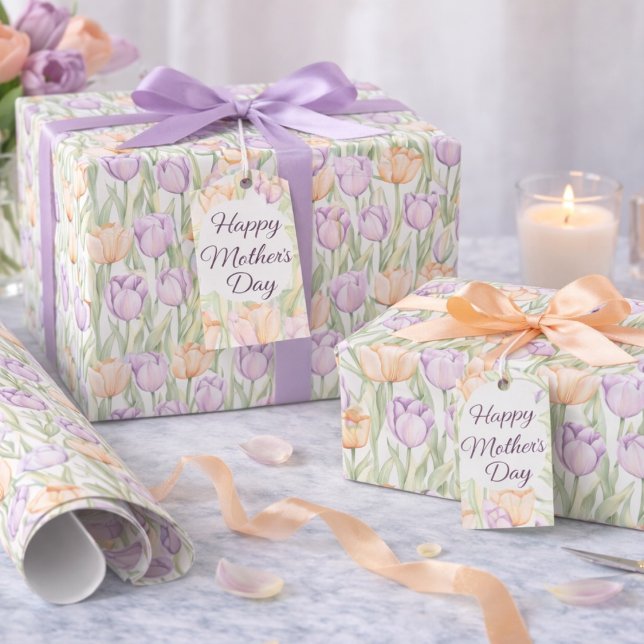 Papel De Presente Tulipas Roxas Pastel Pêssego Flora de Primavera (Criador carregado)