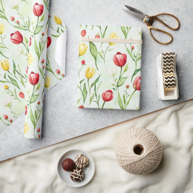 Papel De Presente Tulipas Vermelhas Amarelas Aniversário (Artesanato)