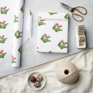 Papel De Presente Tulipas Vermelhas com Verde em Branco