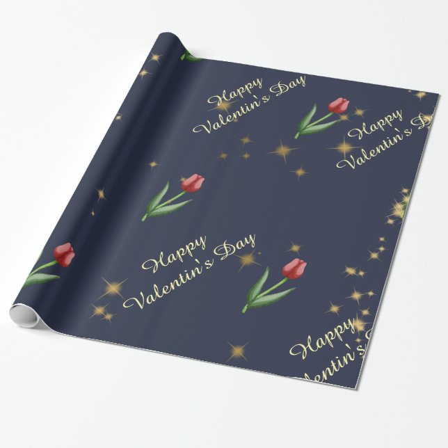 Papel De Presente Tulipas Vermelhas & Estrelas Douradas Lindas  (Desenrolado)