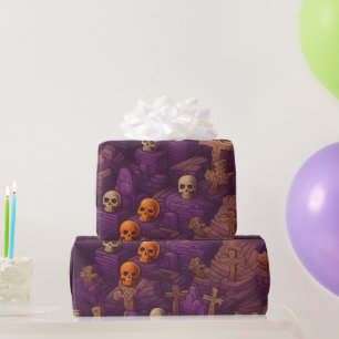 Papel De Presente Túmulos Roxos Caveiras de Prata Bronze Halloween